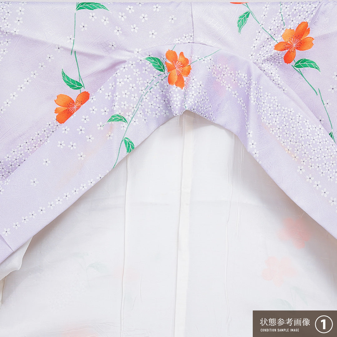 洗える着物 小紋 袷 身丈158cm 裄丈64cm ポリエステル Bランク インフォーマル 広衿 Mサイズ 花柄 紫系 HP 1221-16288