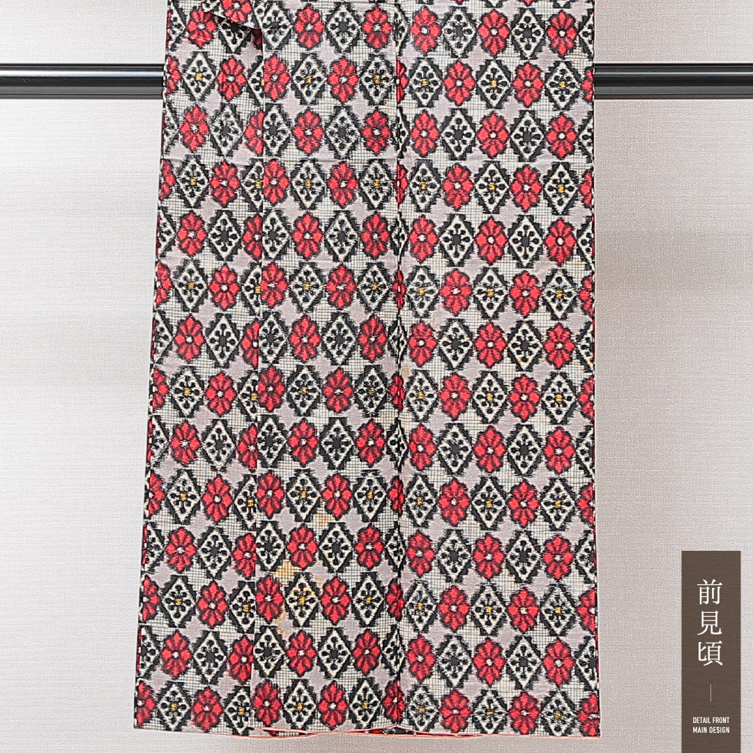 アンティーク 銘仙の着物 袷 身丈146cm 裄丈60cm 正絹 Cランク バチ衿 XSサイズ 花菱 グレー系 RP 1223-15205