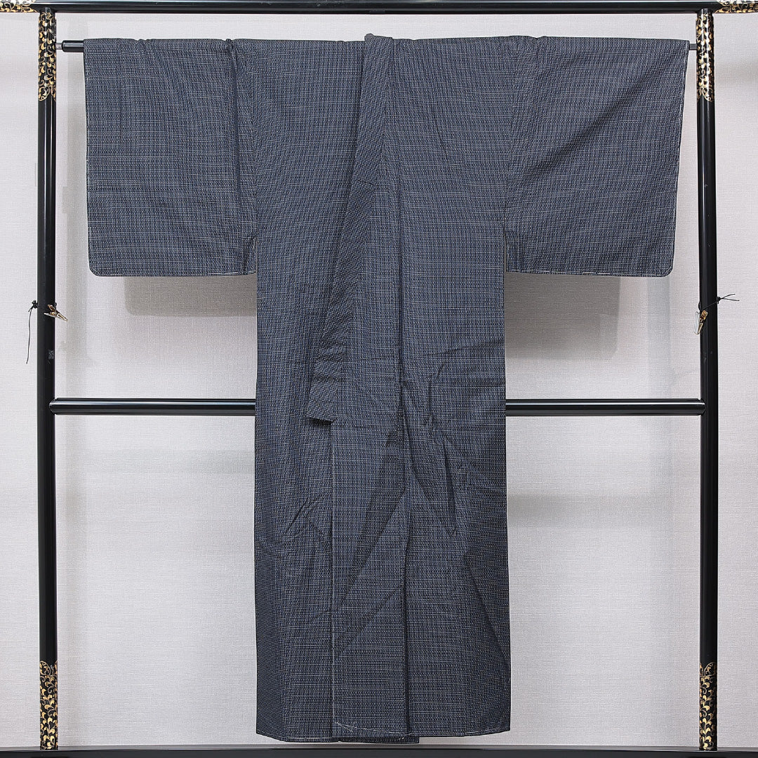 男着物 袷 身丈148cm 裄丈72cm 正絹 Aランク カジュアル 棒衿 Lサイズ 亀甲 紺系 RP 1224-15760