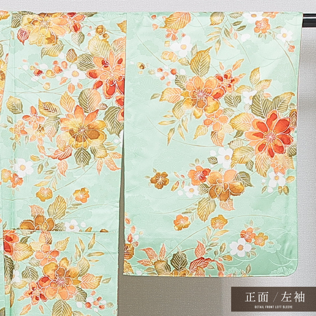 洗える着物 小紋 袷 身丈156cm 裄丈62cm ポリエステル Bランク インフォーマル 広衿 Mサイズ 花柄 緑系 RP 1221-16229