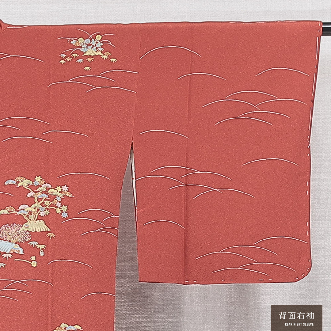 道行コート 袷 身丈87cm 裄丈65cm 正絹 Sランク Mサイズ フォーマル ポケットあり 松 赤系 朱系 1263-15129