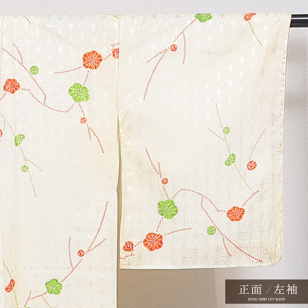洗える着物 小紋 袷 身丈153cm 裄丈62cm ポリエステル Aランク インフォーマル 広衿 Sサイズ 麻の葉 梅 黄系 RP 1221-16348