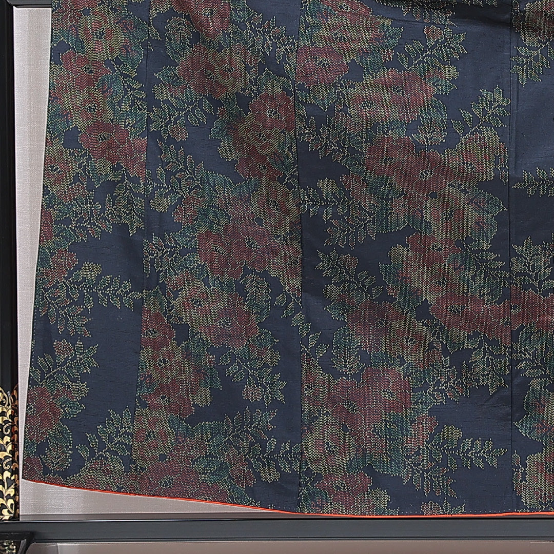 紬 袷 身丈162cm 裄丈63cm 正絹 Sランク カジュアル バチ衿 Lサイズ 椿 紺系 RP 1223-15152