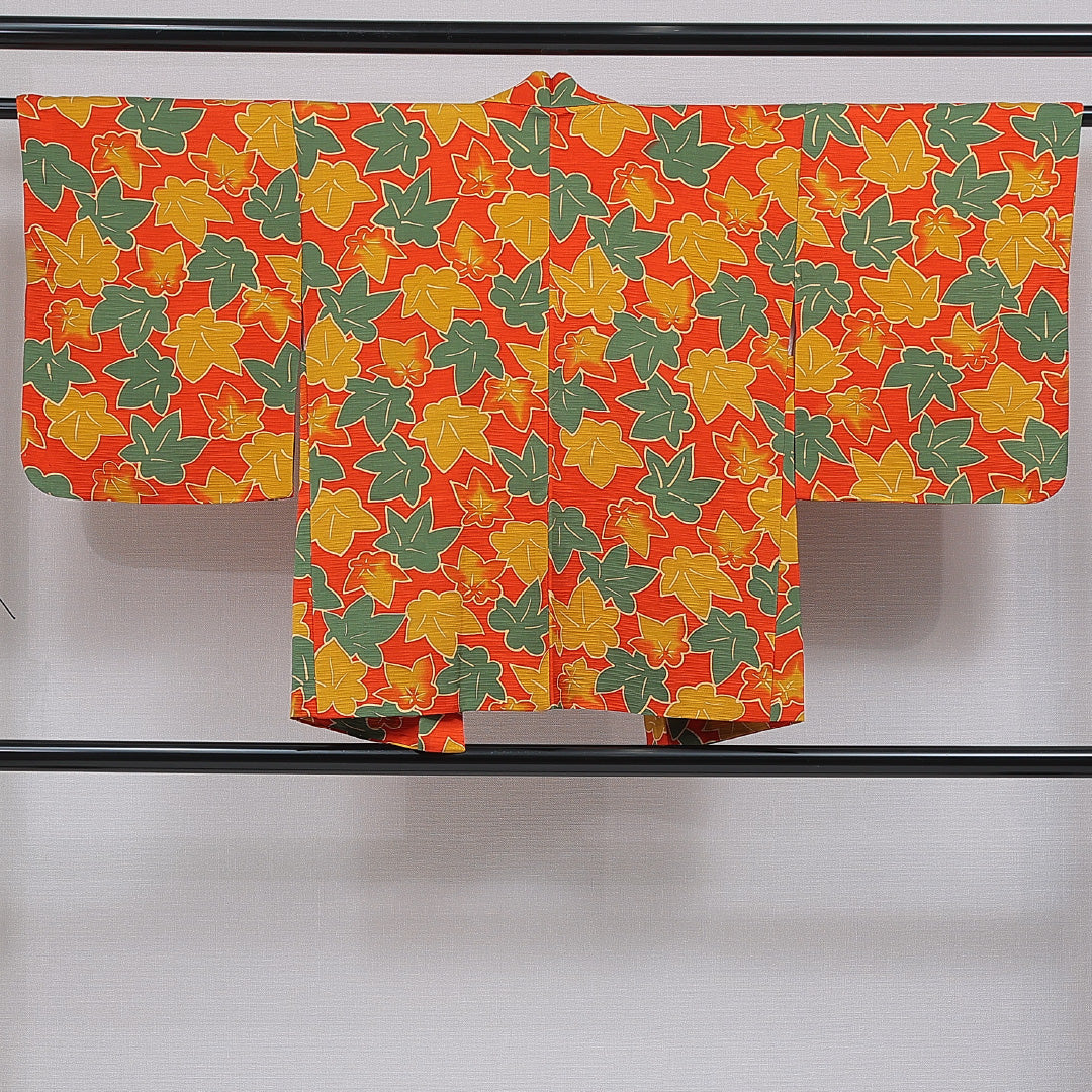 羽織 袷 身丈75cm 裄丈62cm 正絹 Sランク カジュアル Sサイズ 紐あり 紅葉 楓 朱系 RP 1232-16841
