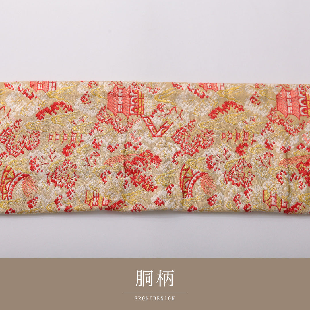 アンティーク 九寸名古屋帯 帯丈307cm 名古屋仕立て 六通 Cランク 正絹 楼閣 金系 1224-03335