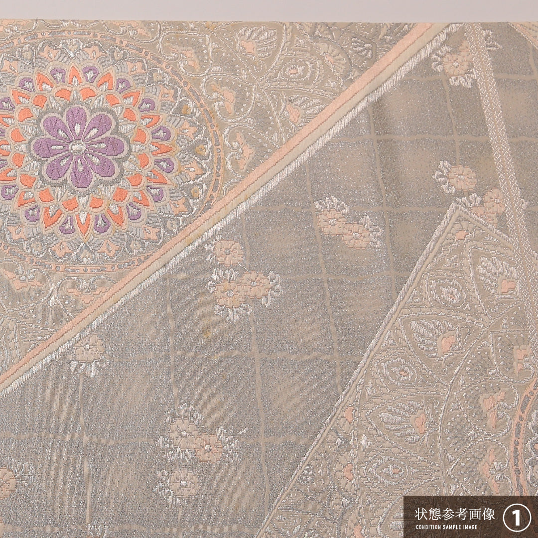 袋帯 帯丈428cm フォーマル 六通 未仕立て Aランク 正絹 唐草華文 扇 銀系 1223-01889