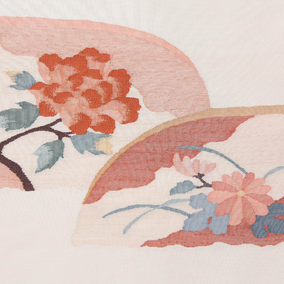 未使用品 袋帯(紬) 帯丈428cm 正絹 ポイント柄 帯芯なし カジュアル 牡丹 菊 クリーム系 1243-02237