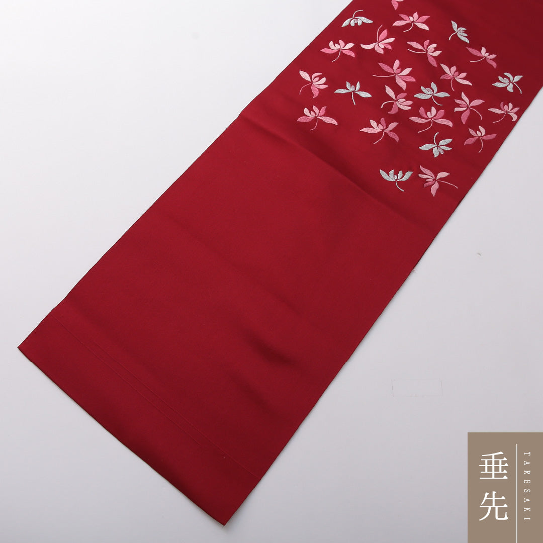 八寸名古屋帯 帯丈345cm カジュアル 名古屋仕立て ポイント柄 Sランク 正絹 植物柄 赤系 1224-03423