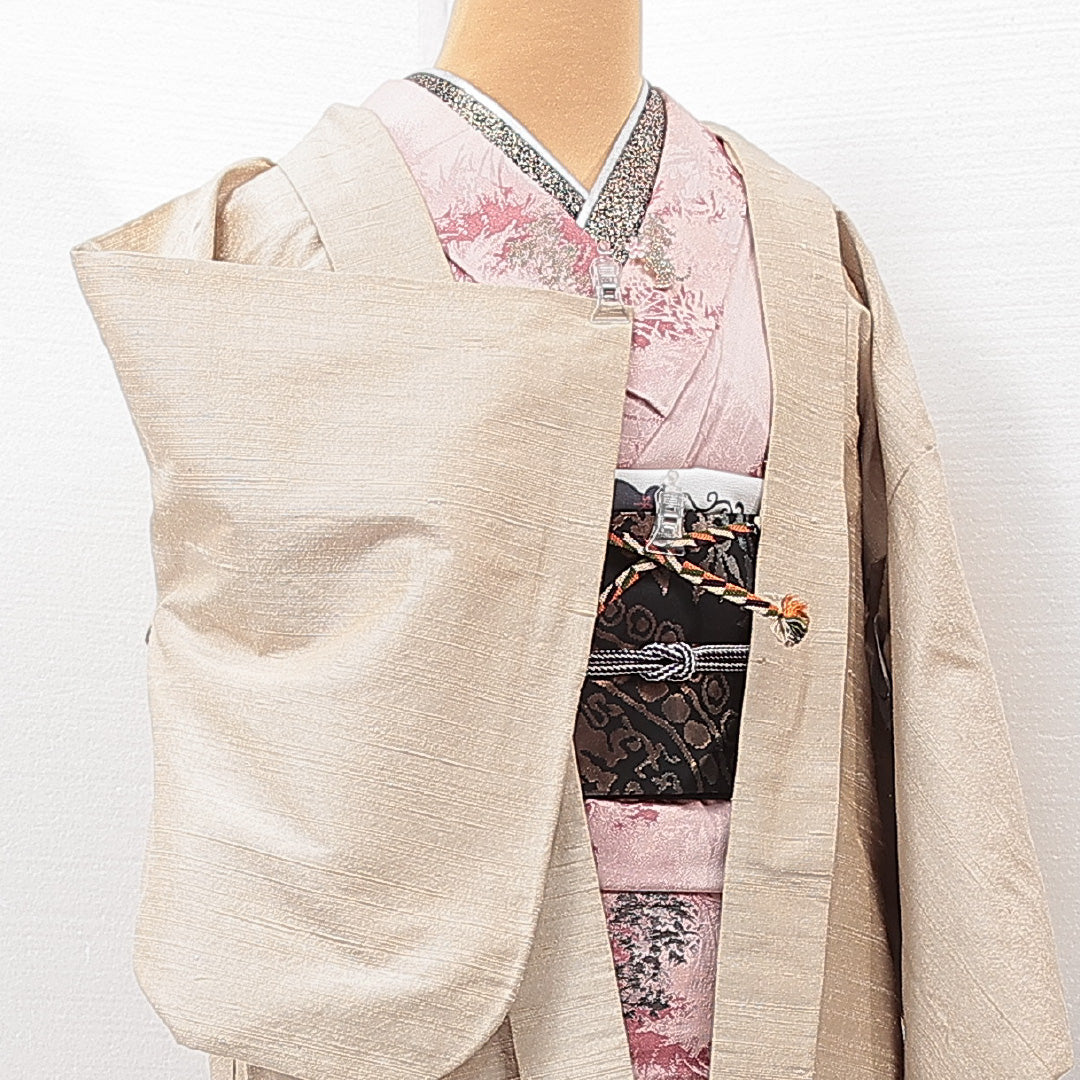 羽織 袷 身丈73cm 裄丈62cm 正絹 Cランク カジュアル Sサイズ 紐あり 無地 ベージュ系 LP 1232-15254