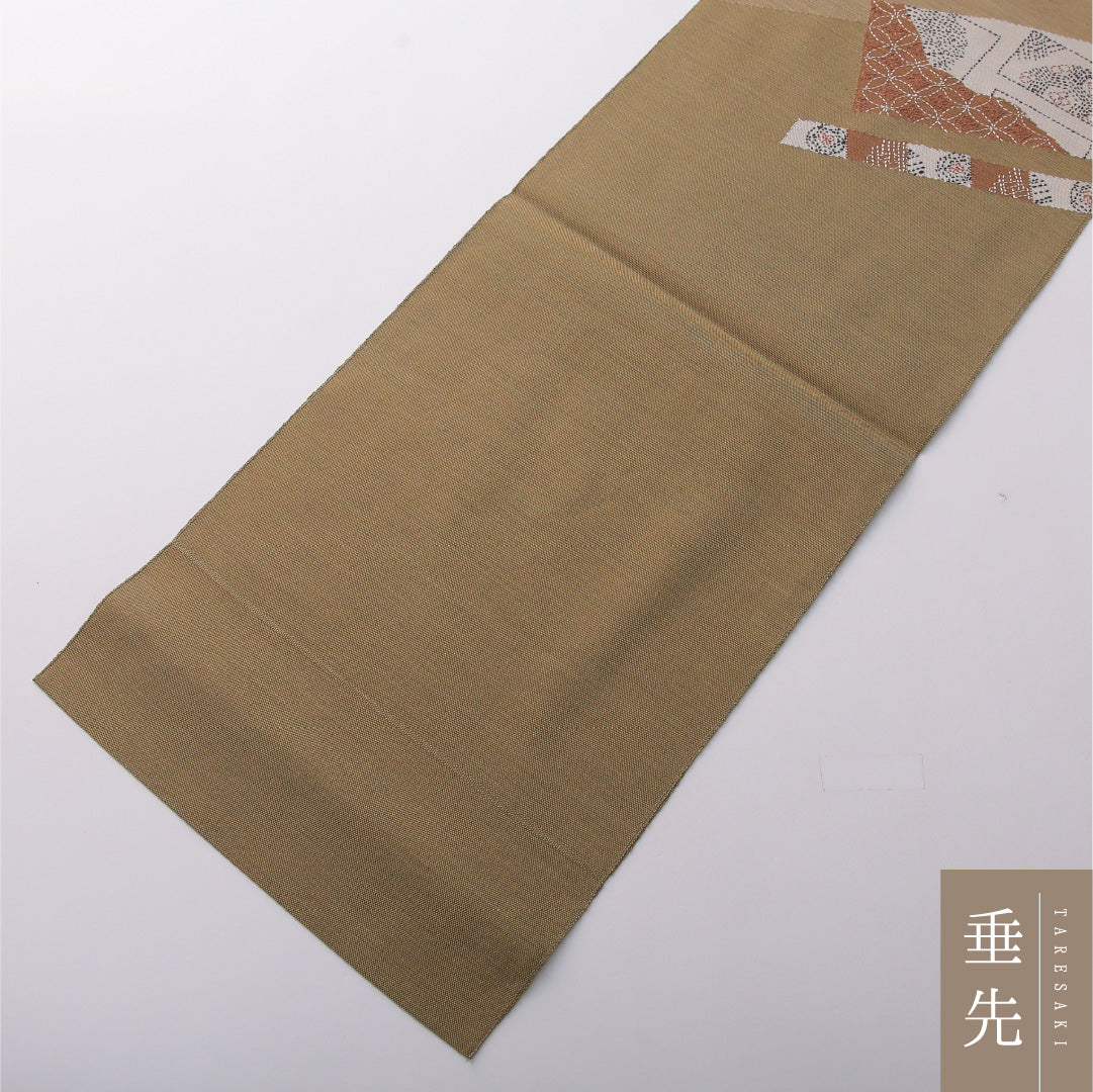 八寸名古屋帯 Sランク 帯丈371cm 正絹 ポイント柄 松葉仕立て 帯芯なし 織り カジュアル 七宝 くすんだ緑系 LP 1245-03548