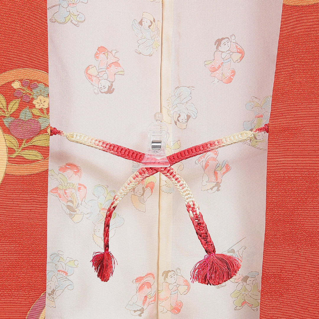 羽織 袷 身丈79cm 裄丈65cm 正絹 Sランク カジュアル Mサイズ 紐あり 花柄 丸文 朱系 RP 1232-16128