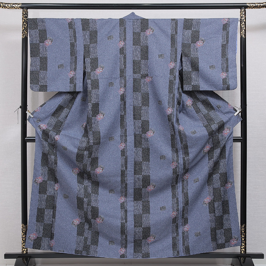 小紋 洗える着物 胴抜き 身丈162cm 裄丈67cm ポリエステル Cランク Lサイズ バチ衿 インフォーマル 花柄 青系 1215-16339