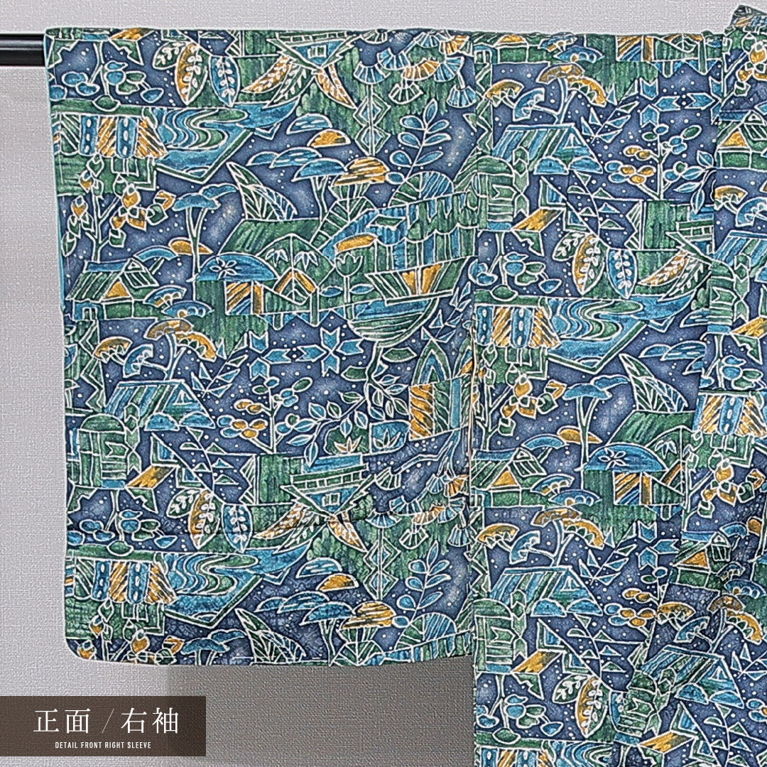 小紋 袷 身丈152cm 裄丈62cm 正絹 Aランク インフォーマル 広衿 Sサイズ チューリップ 笹 青系 RP 1221-15753