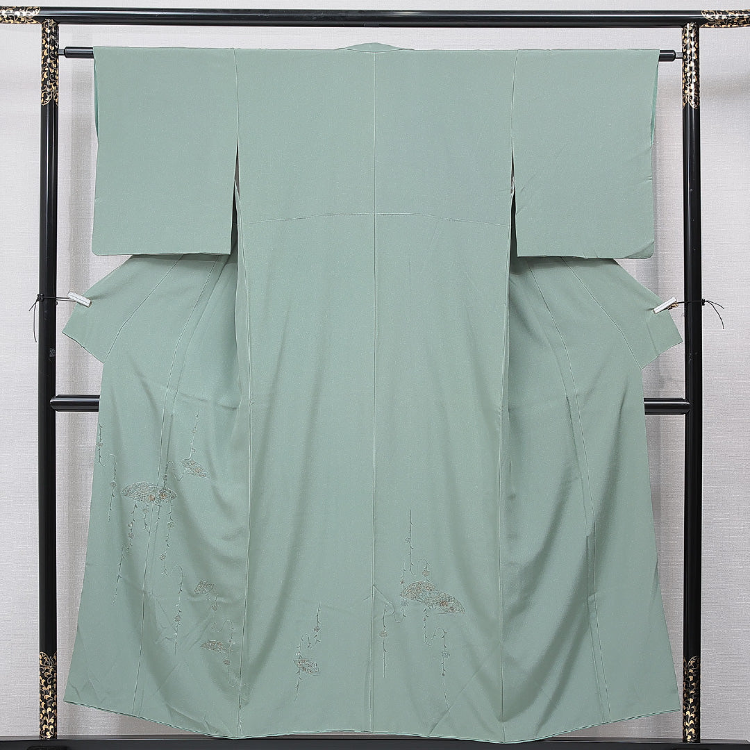 付下げ 袷 身丈153cm 裄丈60cm 正絹 Sランク Sサイズ 広衿 インフォーマル 扇 梅 蘇州刺繍 汕頭刺繡 緑系 1261-15675