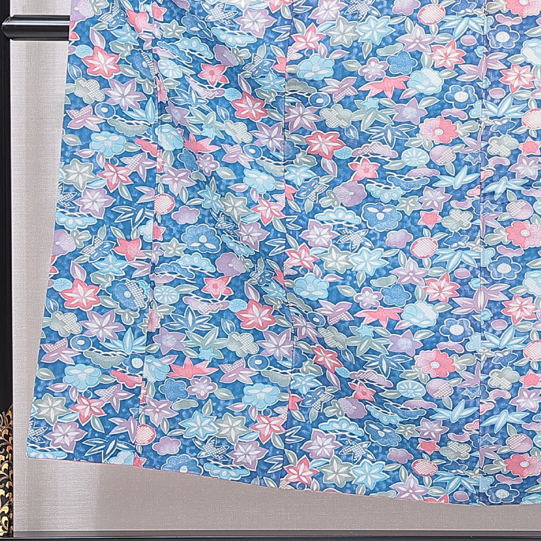 小紋 洗える着物 袷 身丈153cm 裄丈62cm ポリエステル Cランク Sサイズ バチ衿 インフォーマル 花柄 水色系 1215-15726