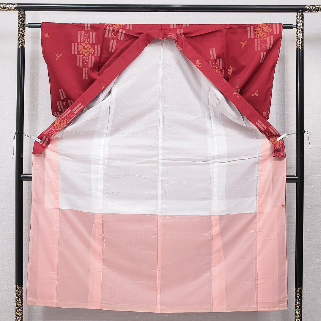 お召 袷 身丈155cm 裄丈60cm 正絹 Cランク インフォーマル バチ衿 Mサイズ 花柄 赤系 LP 1222-15583