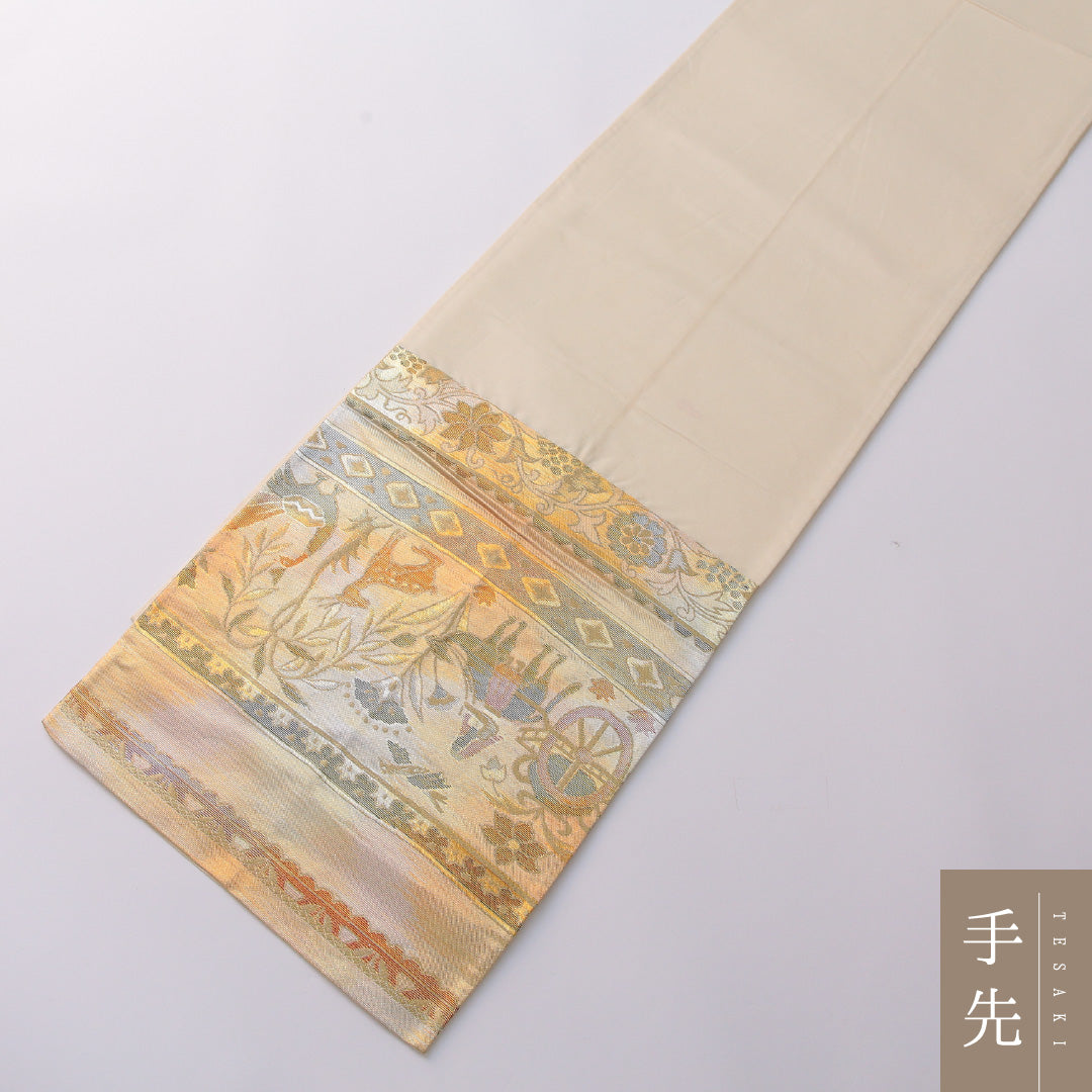 袋帯 帯丈408cm 正絹 六通 帯芯なし セミフォーマル アラベスク段文 コプト文様 多色系 金系 1243-01950