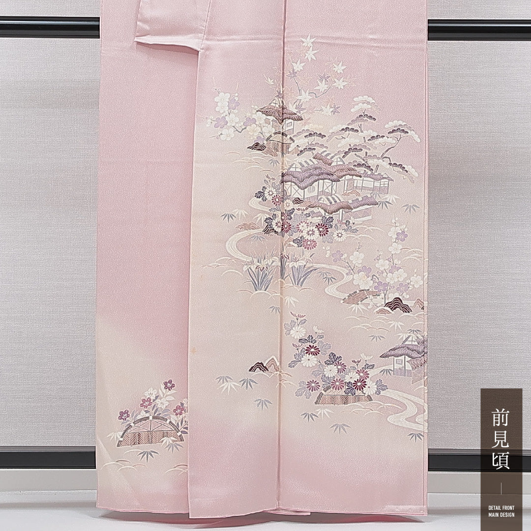 訪問着 袷 身丈161cm 裄丈61cm 正絹 Cランク セミフォーマル 広衿 Lサイズ 茶屋辻 古典的 華やか ピンク系 HP 1217-15502