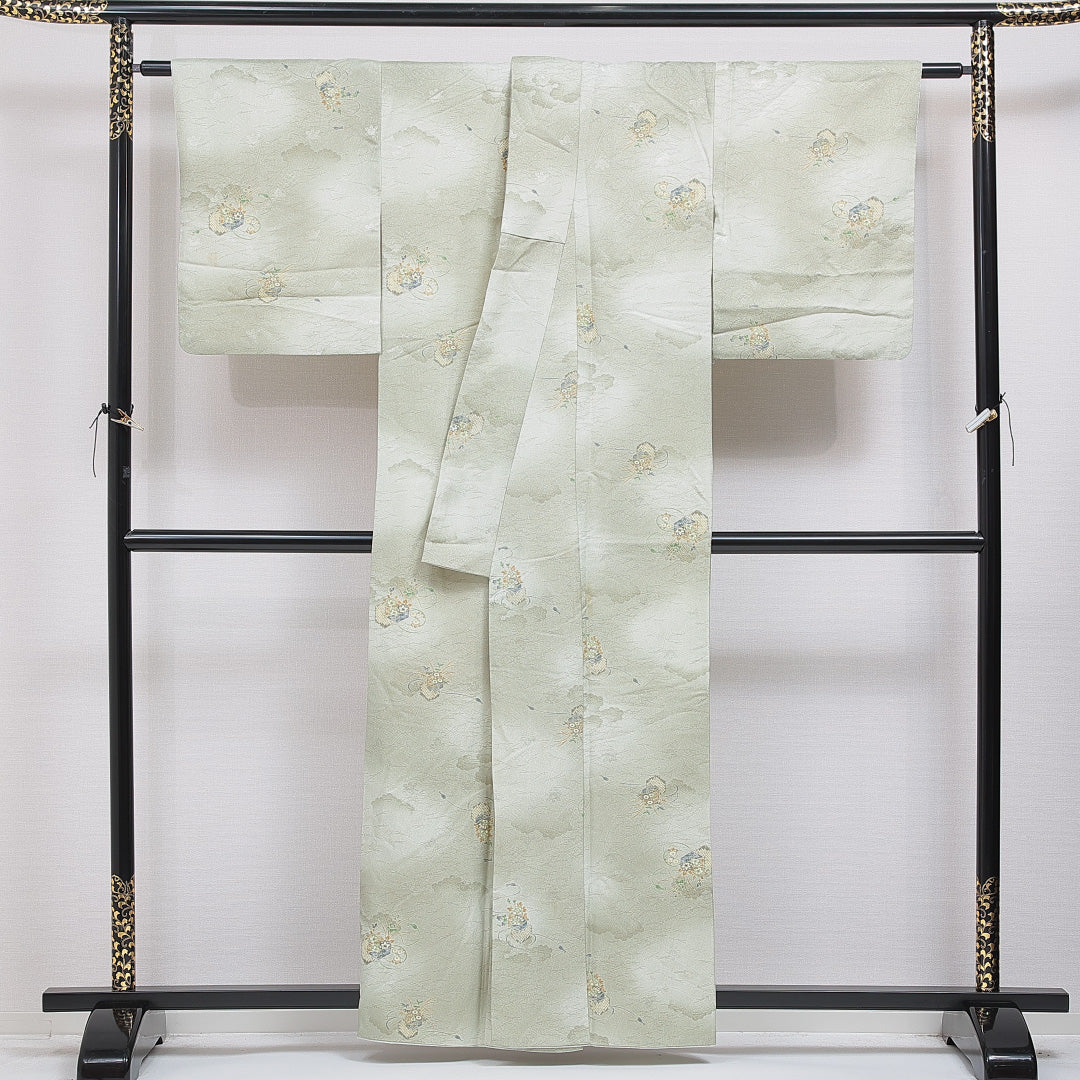 小紋 洗える着物 袷 身丈159cm 裄丈64cm ポリエステル Sランク Mサイズ 広衿 インフォーマル 雲取り 亀甲 緑系 1215-16274