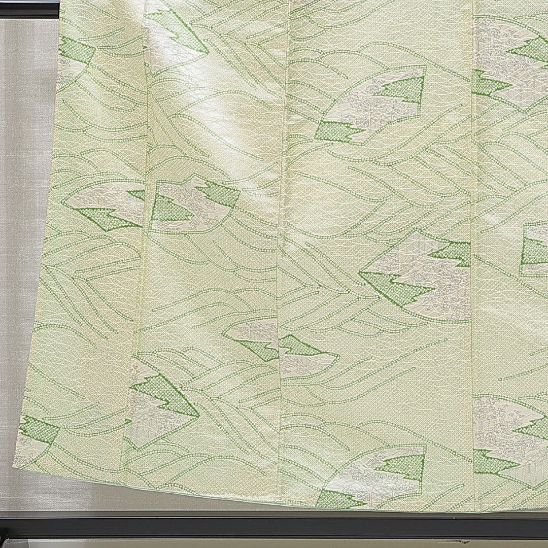 小紋 洗える着物 袷 身丈153cm 裄丈61cm ポリエステル Bランク Sサイズ 広衿 インフォーマル 古典柄 緑系 1215-15805