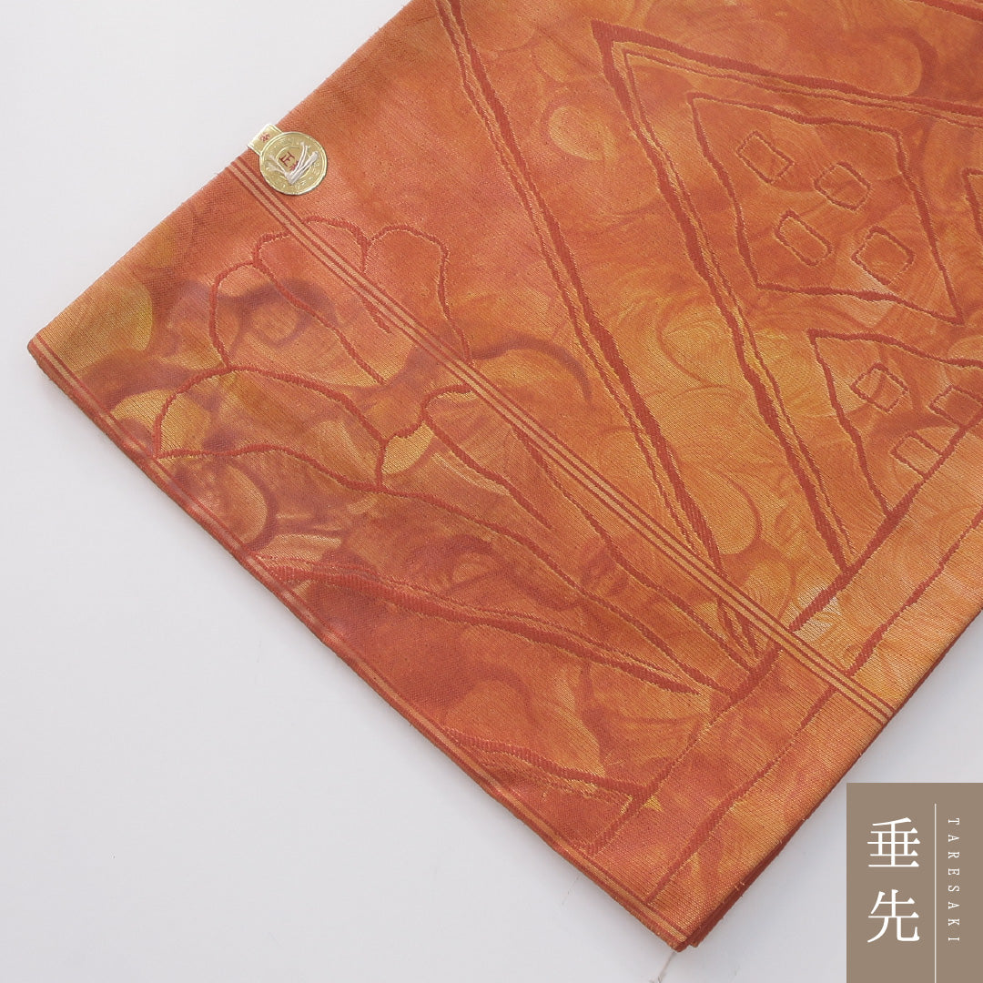 未使用品 袋帯 帯丈428cm 正絹 六通 インフォーマル ふくれ織 創作柄 証紙 朱系 1243-02289