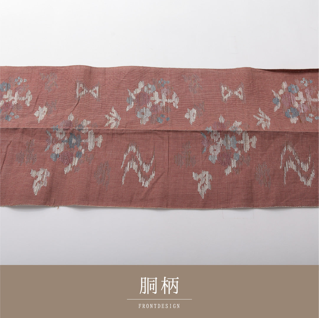 八寸名古屋帯(紬) 帯丈345cm カジュアル 松葉仕立て 六通 Cランク 正絹 創作柄 ピンク系 1224-03713