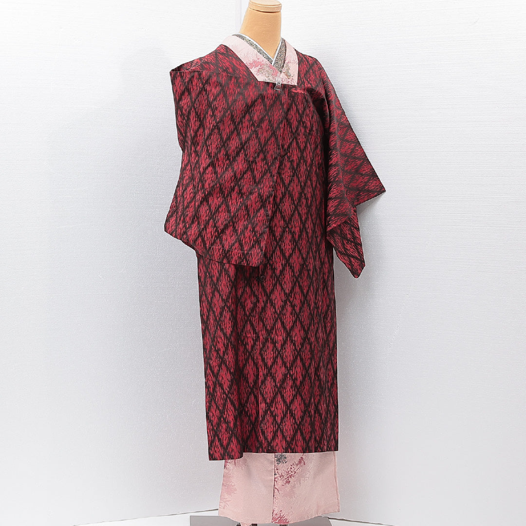 道行コート 袷 身丈120cm 裄丈63cm 正絹 Aランク Sサイズ 菱 赤系 HP 1237-15275