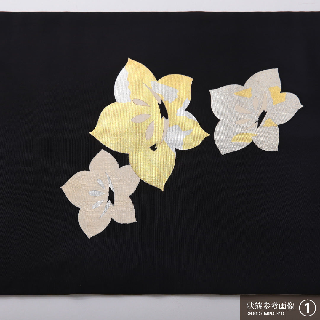 九寸名古屋帯 Bランク 帯丈382cm 正絹 ポイント柄 名古屋仕立て 染め インフォーマル 塩瀬 桔梗 黒系 RP 1245-03628