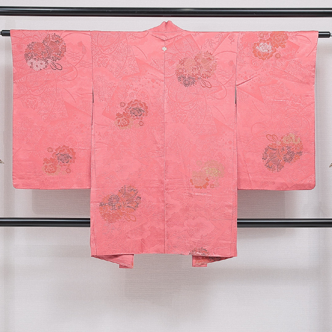 アンティーク 羽織 袷 身丈93cm 裄丈62cm 正絹 Aランク Sサイズ 一つ紋(五三桐) 鼓 牡丹 ピンク系 1217-16198