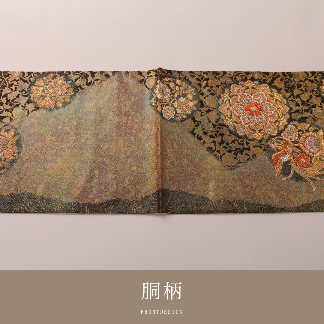 袋帯 帯丈428cm フォーマル 六通 Sランク 正絹 唐華 金系 黒系 1223-01899