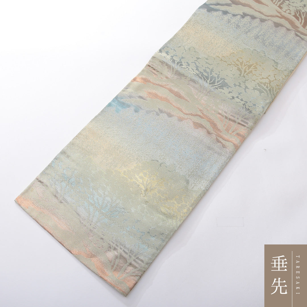 袋帯 帯丈414cm 正絹 六通 セミフォーマル 木立 クリーム系 1243-02172