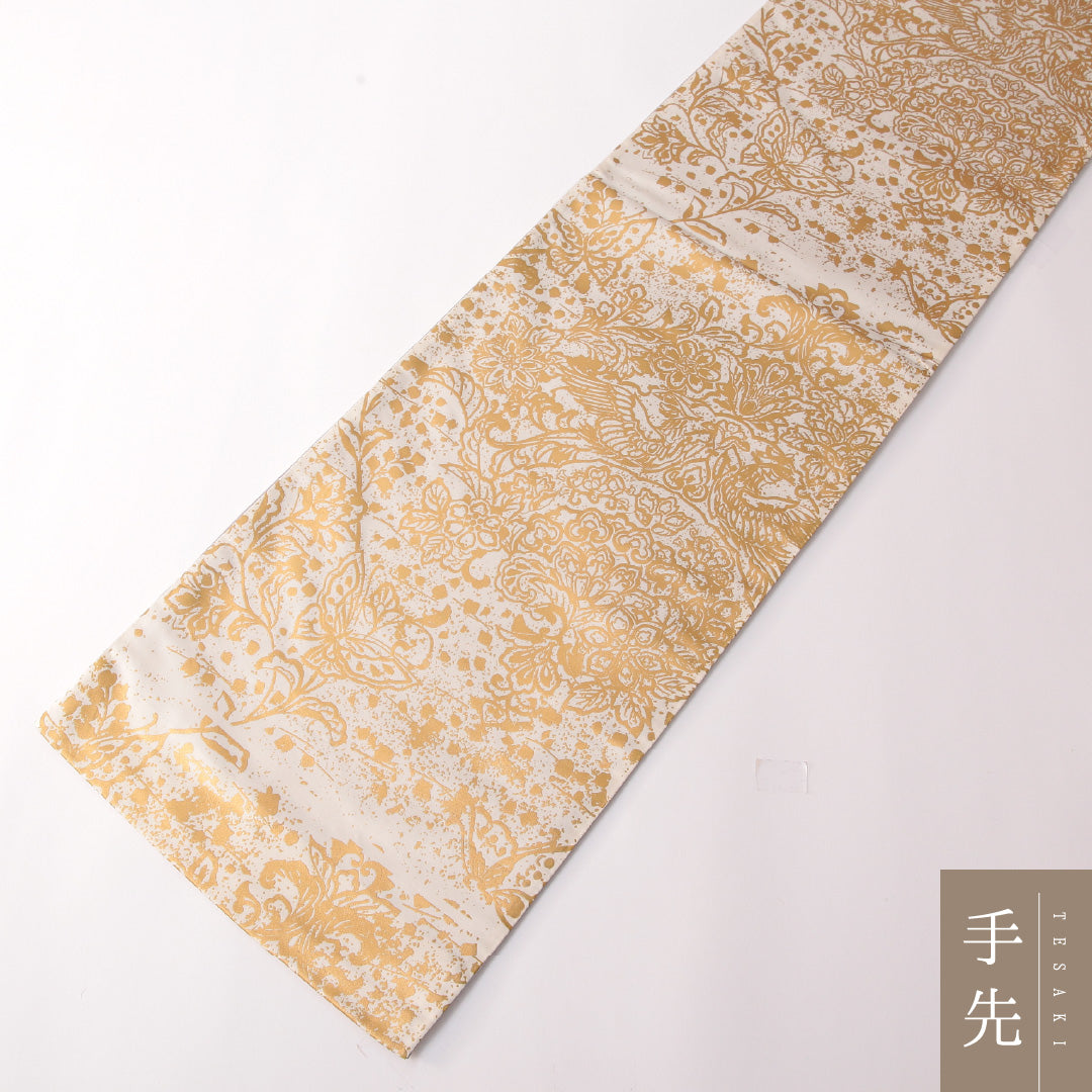 袋帯 帯丈462cm 正絹 ポイント柄 染め帯 フォーマル 双鳥唐花文 金系 クリーム系 1243-01750