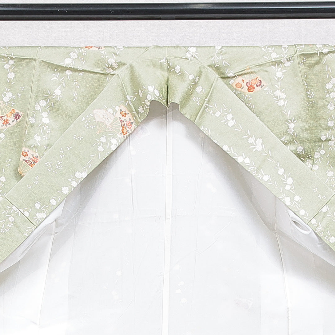 小紋 袷 身丈152cm 裄丈61cm 正絹 Sランク Sサイズ 広衿 インフォーマル ちりめん 山 証紙 緑系 1215-15907