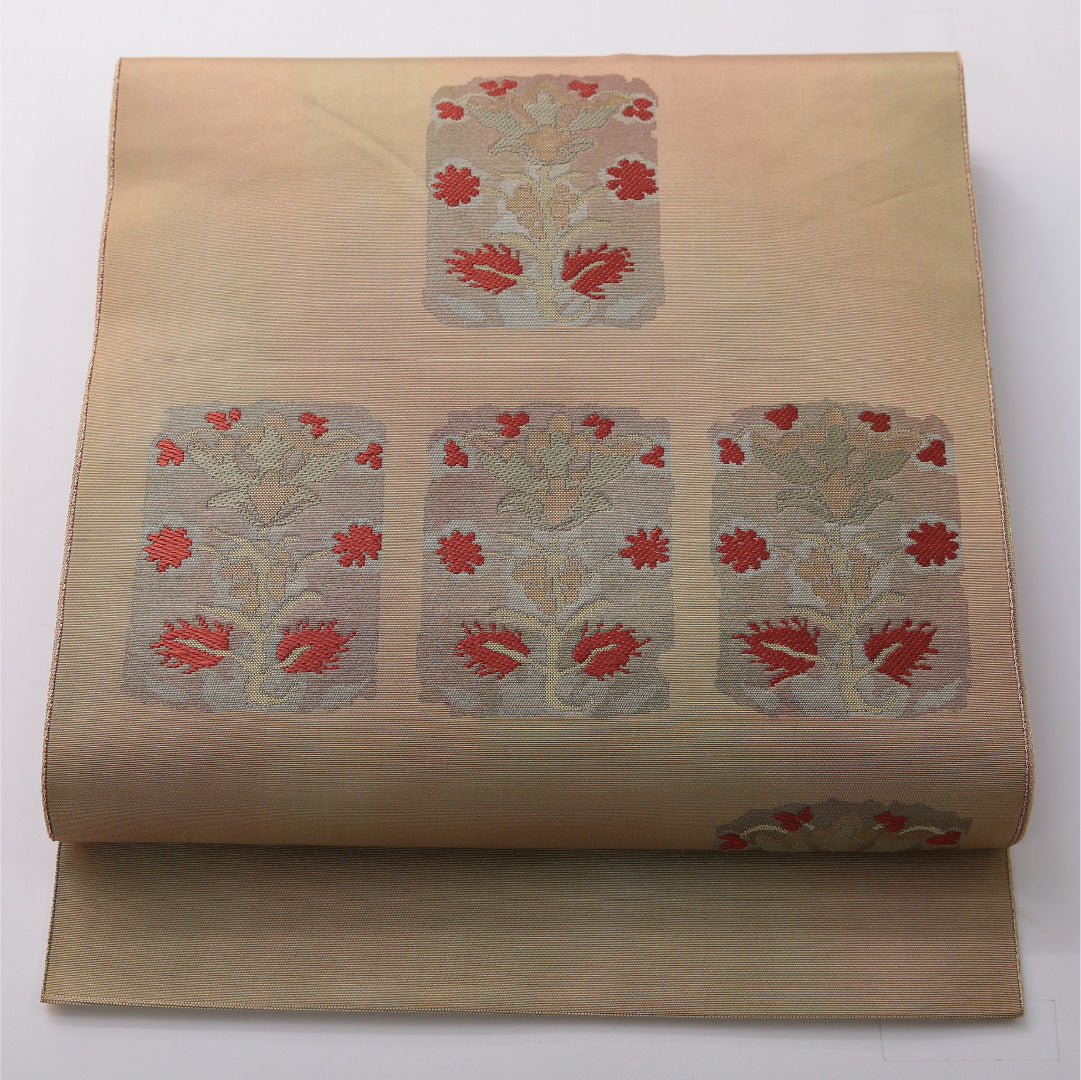 八寸名古屋帯 帯丈356cm セミフォーマル 開き仕立て ポイント柄 帯芯なし Cランク 正絹 花柄 ベージュ系 1224-03506