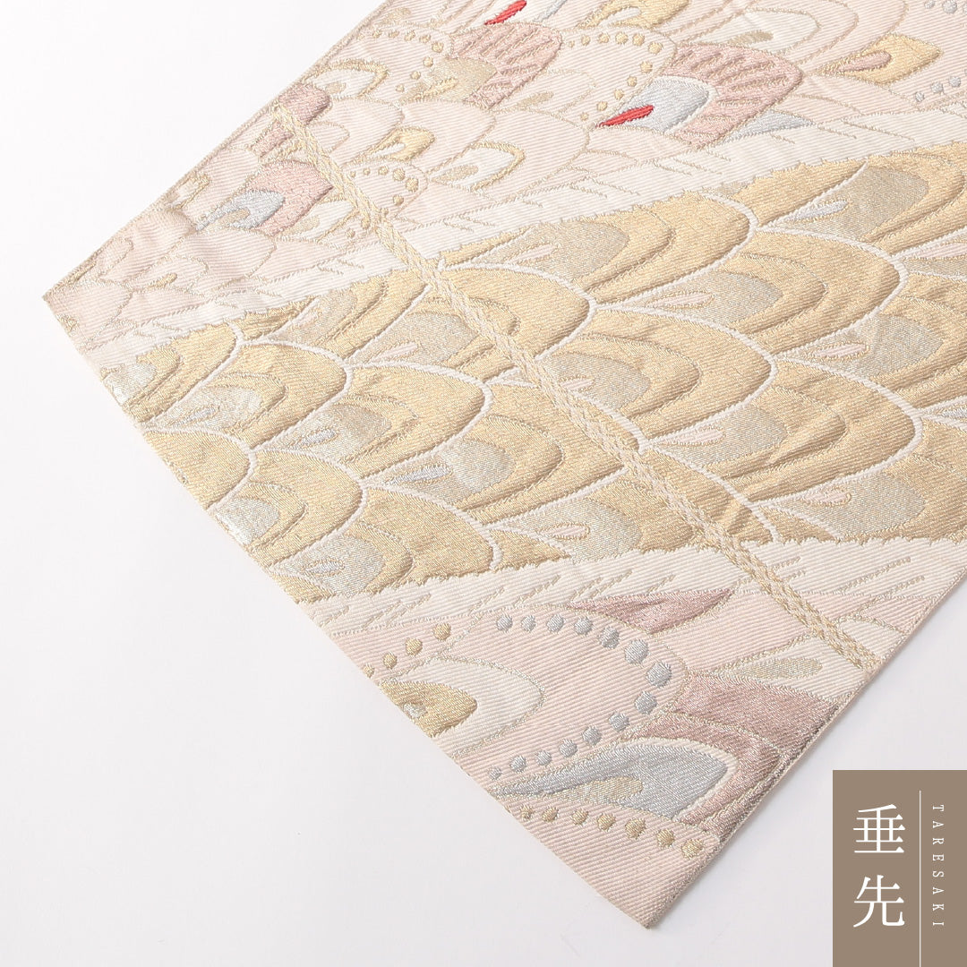 振袖用 袋帯 帯丈408cm 正絹 六通 唐織 羽 ピンク系 金系 1243-01755