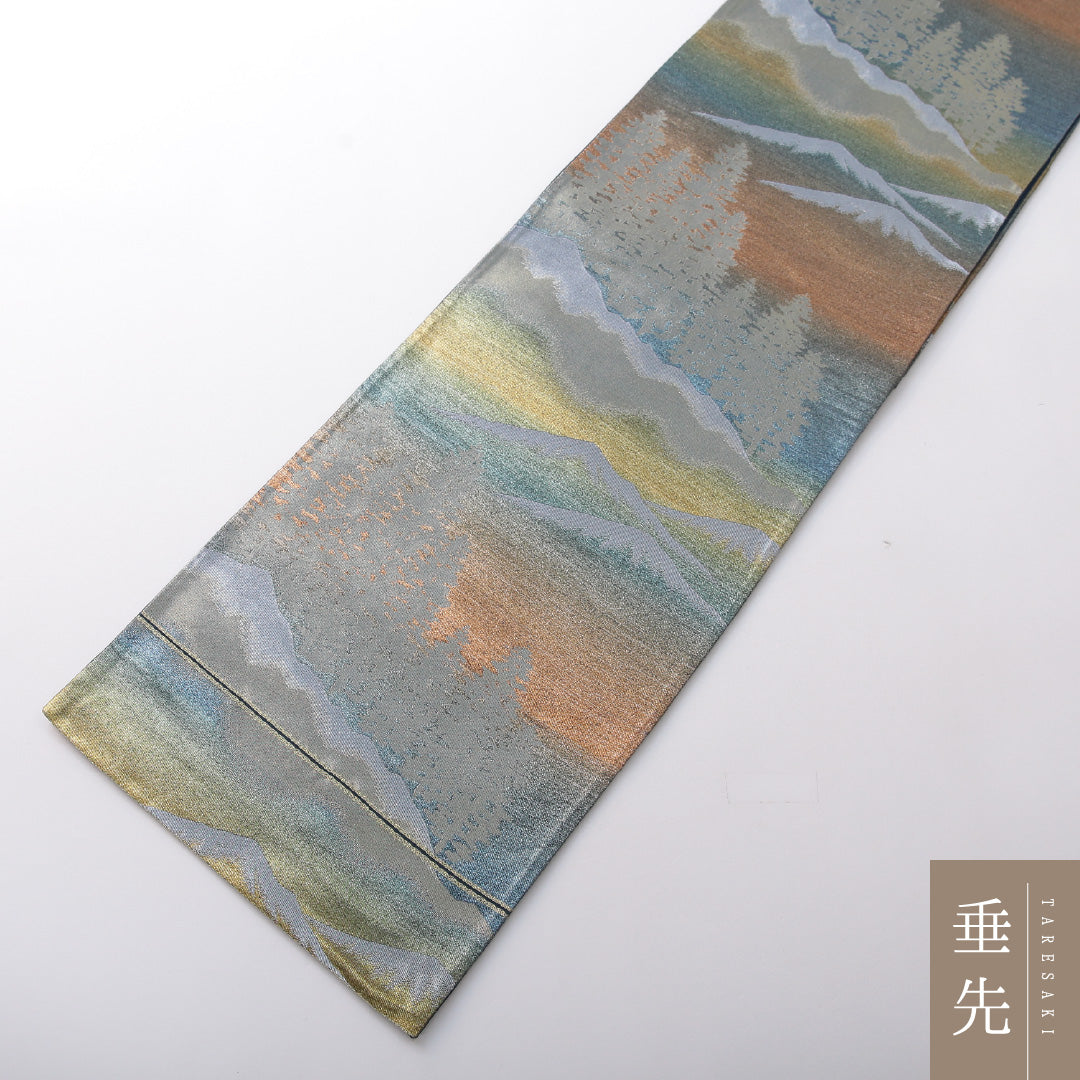 袋帯 帯丈408cm セミフォーマル 六通 帯芯なし Sランク 正絹 引箔 木立 山 紺系 銀系 1223-02074