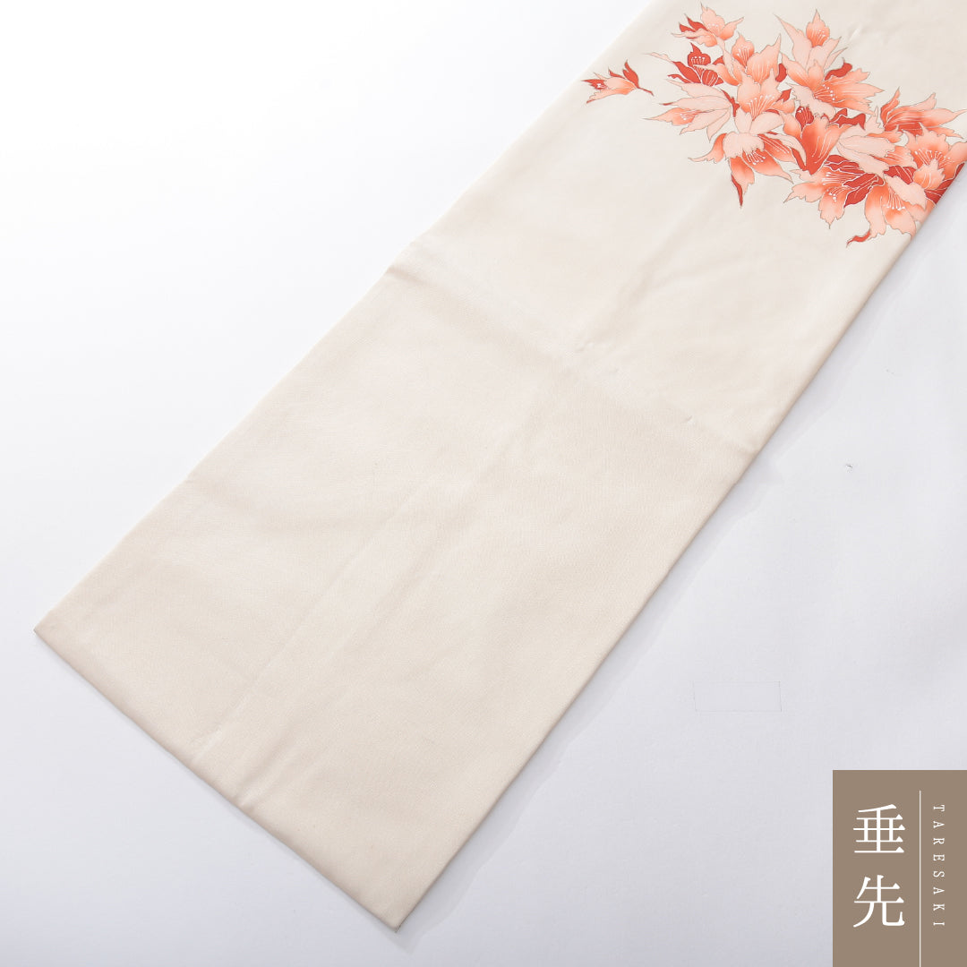 九寸名古屋帯 Cランク 帯丈372cm 正絹 ポイント柄 名古屋仕立て 染め インフォーマル 塩瀬 花柄 淡いクリーム系 HP 1245-03889