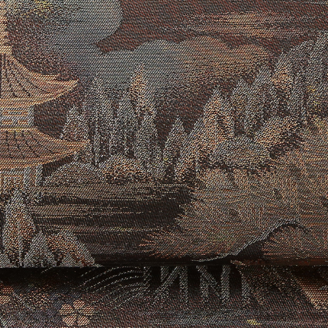 袋帯 帯丈418cm 正絹 六通 セミフォーマル 嵐山 京洛百景 渡月橋 黒系 金系 1243-02108