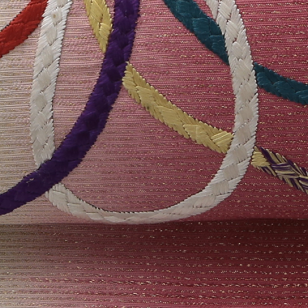 アンティーク 九寸名古屋帯 帯丈363cm 名古屋仕立て ポイント柄 Aランク 正絹 銀駒刺繍 組紐 ピンク系 黄系 1224-03710