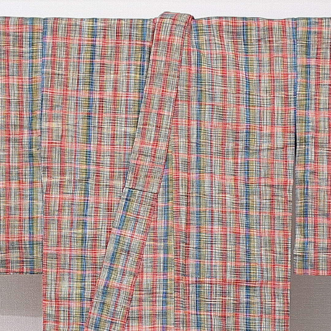 紬 単衣 身丈150cm 裄丈61cm 正絹 Sランク カジュアル バチ衿 Sサイズ 格子 多色系 RP 1223-15728