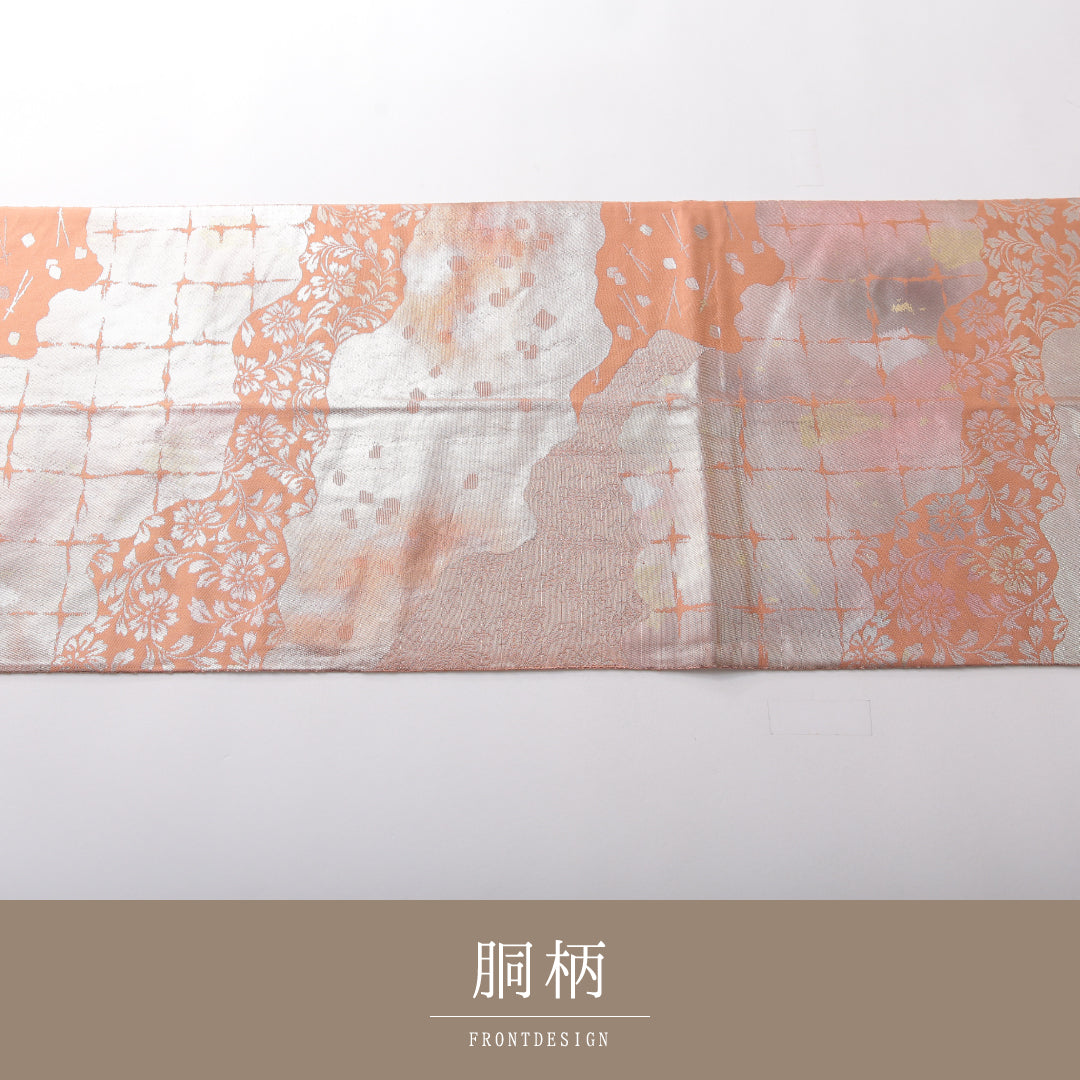 袋帯 帯丈428cm 正絹 六通 帯芯なし セミフォーマル 道長取り 朱系 1243-02158