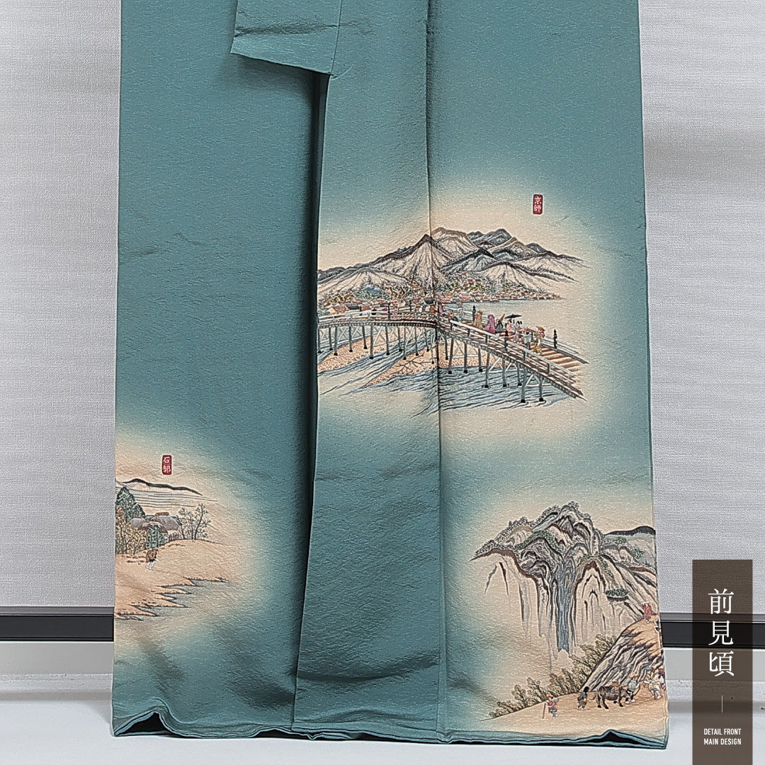付下げ 袷 身丈169cm 裄丈68cm 正絹 Sランク インフォーマル 広衿 XLサイズ ぼかし染 刺繍 作家物 落款 東海道五十三次 緑系 M4 1218-15924