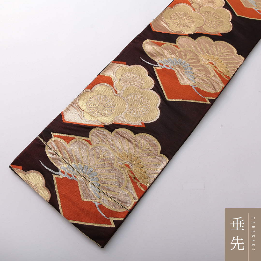 アンティーク 袋帯 帯丈416cm フォーマル 六通 未仕立て 帯芯なし Aランク 正絹 梅 笠松 茶系 1223-01974
