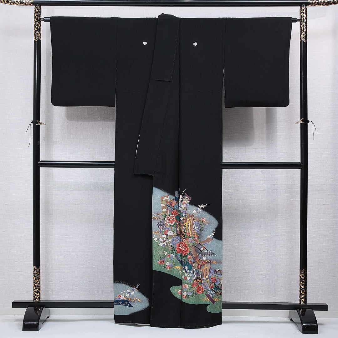 黒留袖 袷 身丈161cm 裄丈66cm 五つ紋 五三桐 フォーマル Sランク Lサイズ 正絹 比翼仕立て 広衿 花車 七宝 梅 1211-F0764