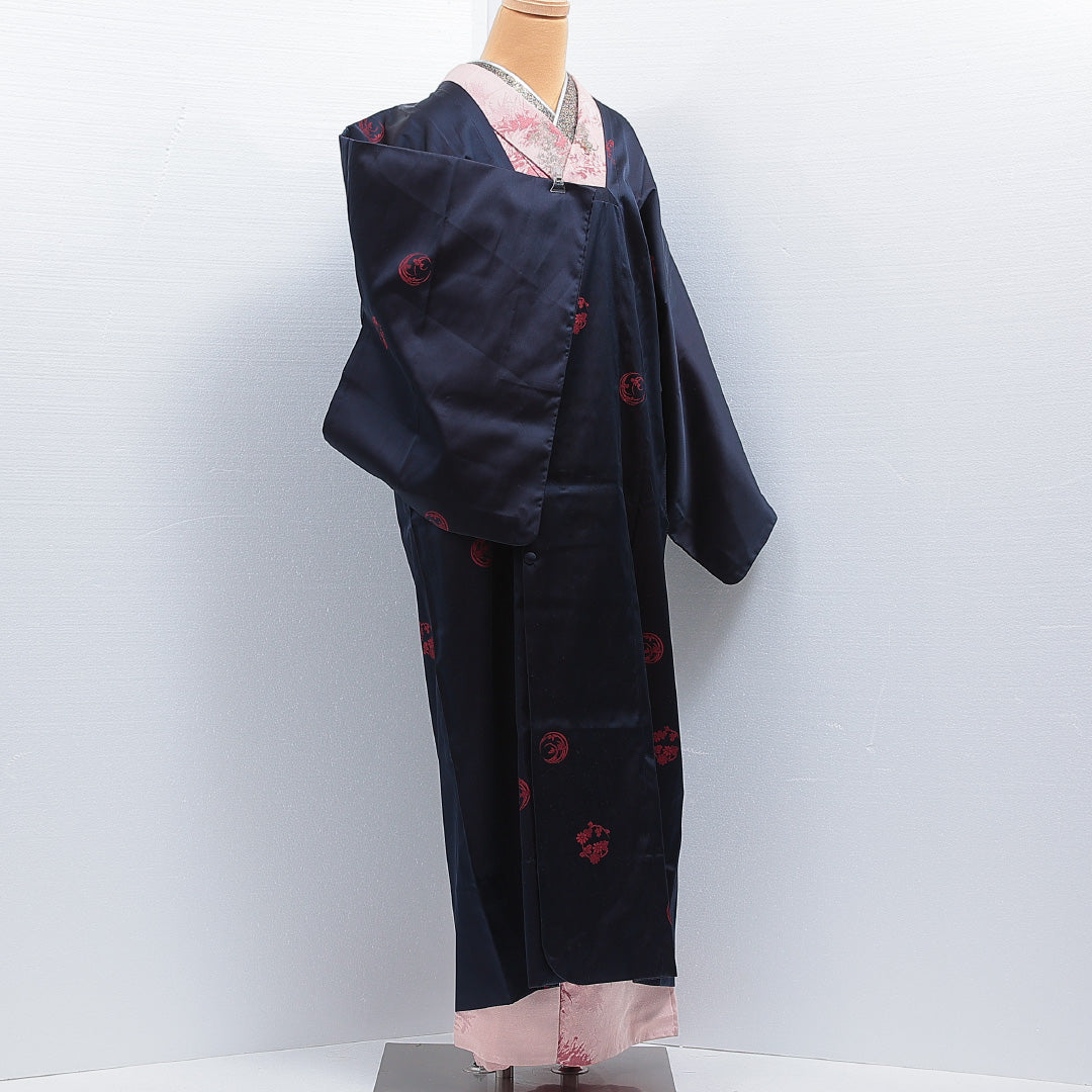 道行コート 単衣 身丈128cm 裄丈67cm 正絹 Sランク セミフォーマル Mサイズ ポケットあり 梅 紺系 RP 1237-16162