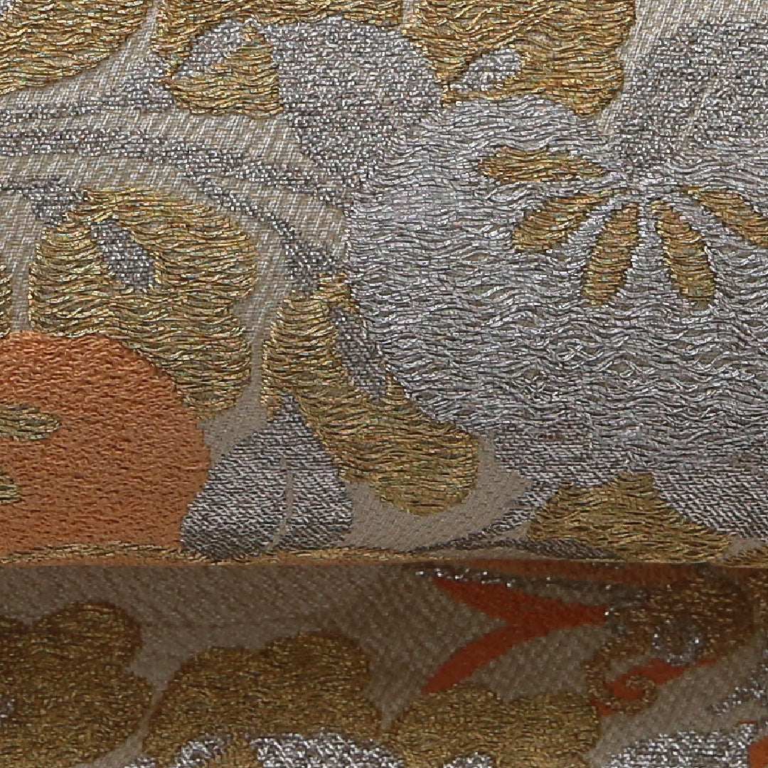 アンティーク 九寸名古屋帯 帯丈338cm 名古屋仕立て 六通 Cランク 正絹 蝶 菊 クリーム系 1224-03462