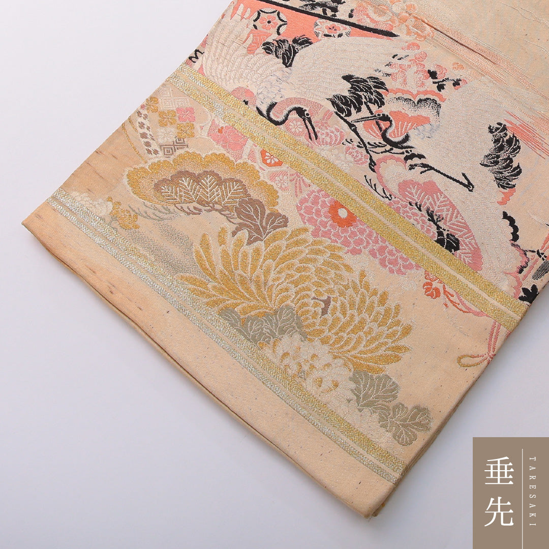 アンティーク 丸帯 帯丈380cm 全通 Cランク 正絹 鶴 菊 クリーム系 1223-02026