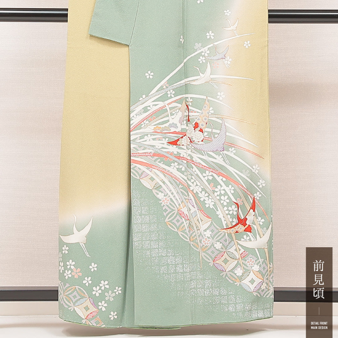 訪問着 袷 身丈159cm 裄丈65cm 正絹 Aランク Mサイズ 広衿 セミフォーマル 鶴 桜 緑系 1212-16892