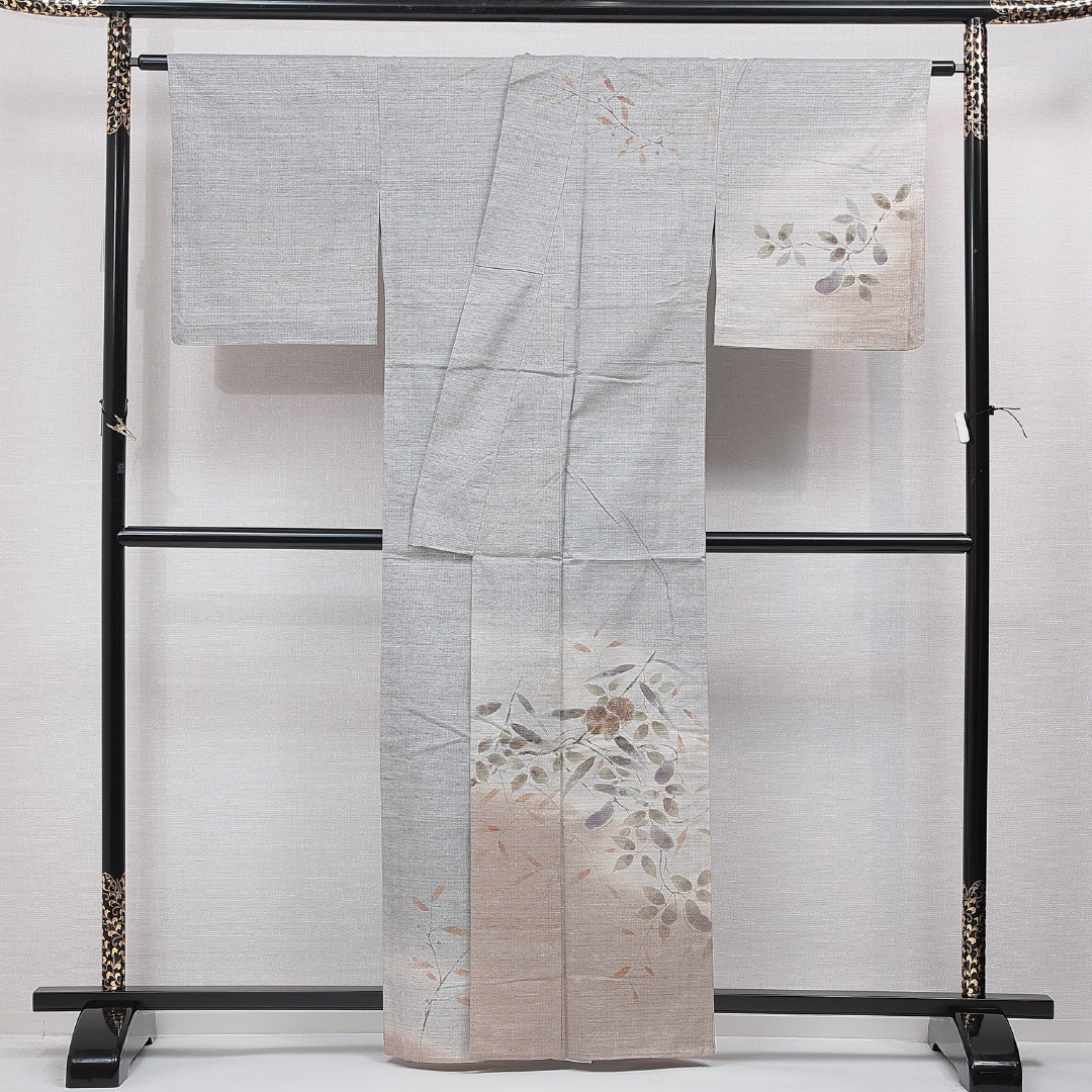 訪問着 単衣 身丈161cm 裄丈65cm 正絹 Sランク セミフォーマル 広衿 Lサイズ 落款 栗 素朴 芸術的 グレー系 RP 1217-15501