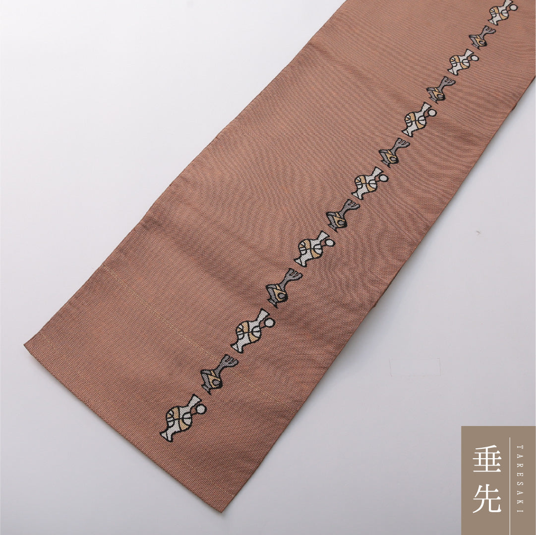 八寸名古屋帯 Aランク 帯丈348cm 正絹 六通 松葉仕立て 織り カジュアル 壺 淡い茶系 LP 1245-03368